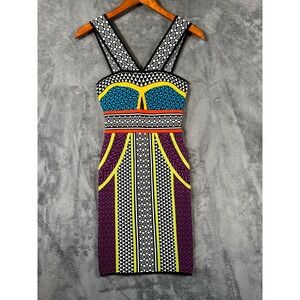 BCBG Maxazria Body Con Dress XXS Multi Color Geometric Print Knit Party Glam